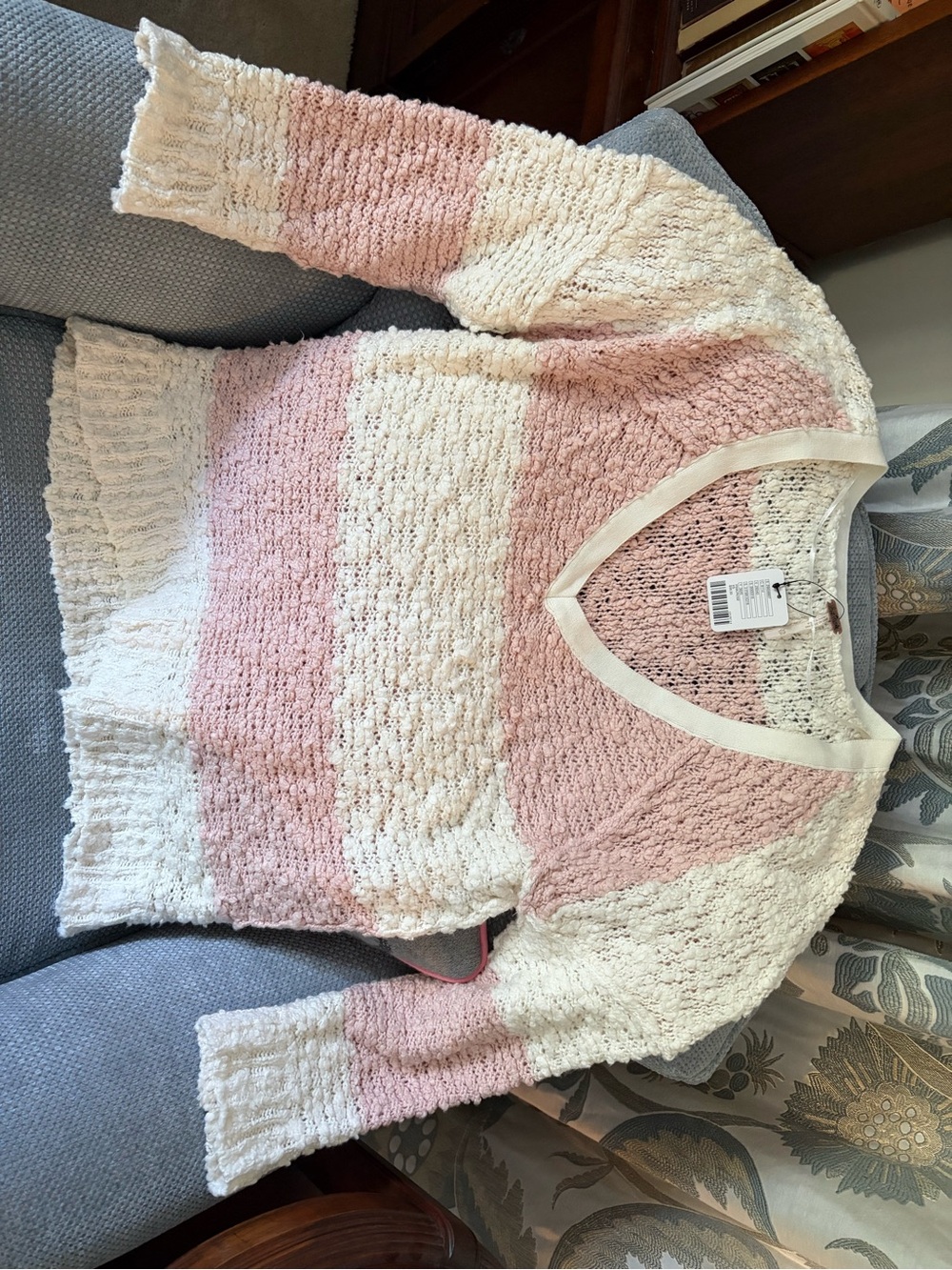 Free People Striped V-Neck Sweater in Pink and Cream - Picture 3 of 6